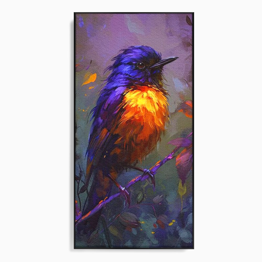 Tablou canvas cu tablou canvas cu pasare colorata pe ramura, in rama de aluminiu negru