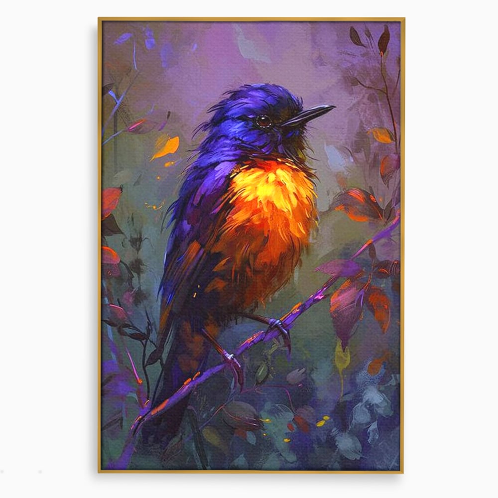 Tablou canvas cu tablou canvas cu pasare colorata pe ramura, in rama de aluminiu auriu