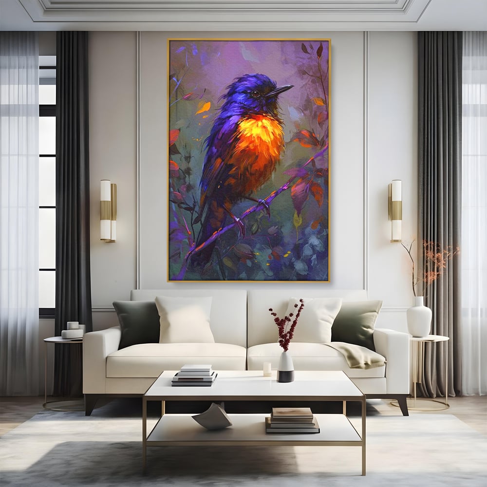 Tablou canvas cu tablou canvas cu pasare colorata pe ramura, in rama de aluminiu auriu, pe perete intr-un living