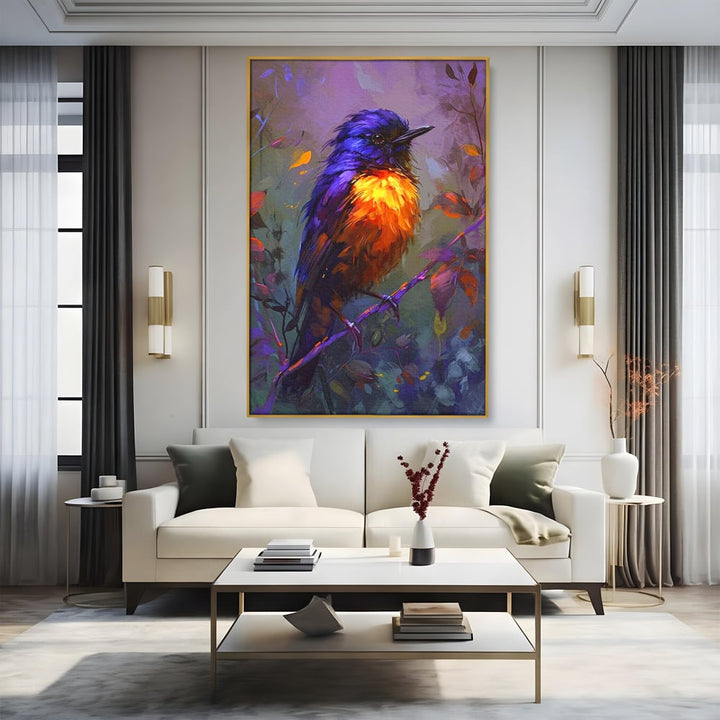Tablou canvas cu tablou canvas cu pasare colorata pe ramura, in rama de aluminiu auriu, pe perete intr-un living