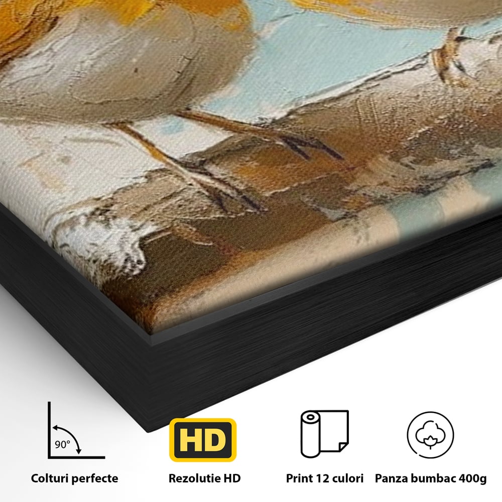 Detaliu al suprafetei: tablou canvas cu doua pasari pe creanga, in rama de aluminiu negru