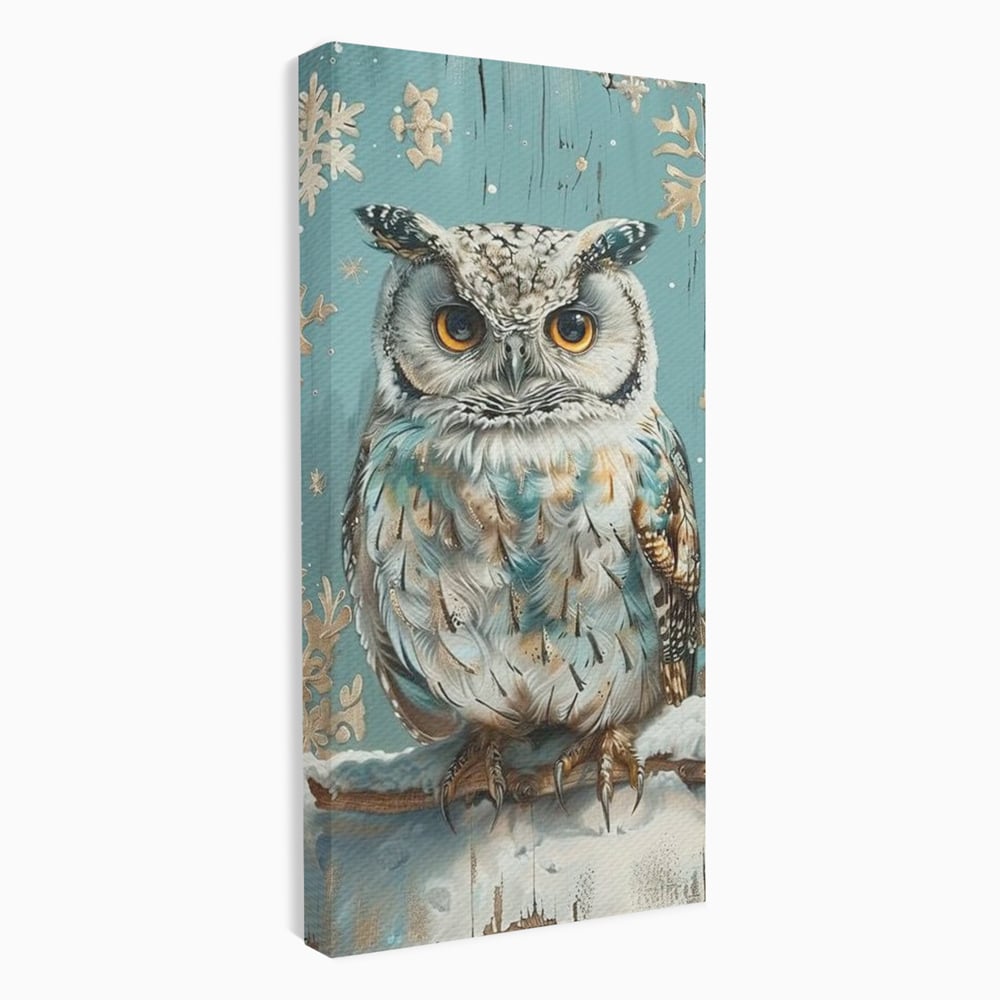 Tablou canvas cu tablou canvas cu bufnita pe ramura inzapezita, fara rama, pe sasiu de lemn