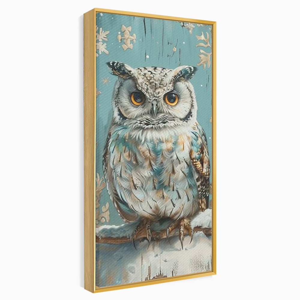 Tablou canvas cu tablou canvas cu bufnita pe ramura inzapezita, in rama de aluminiu auriu