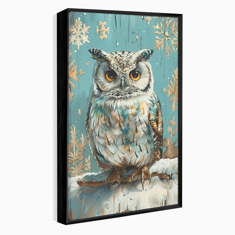 Tablou canvas cu tablou canvas cu bufnita pe ramura inzapezita, in rama de aluminiu negru