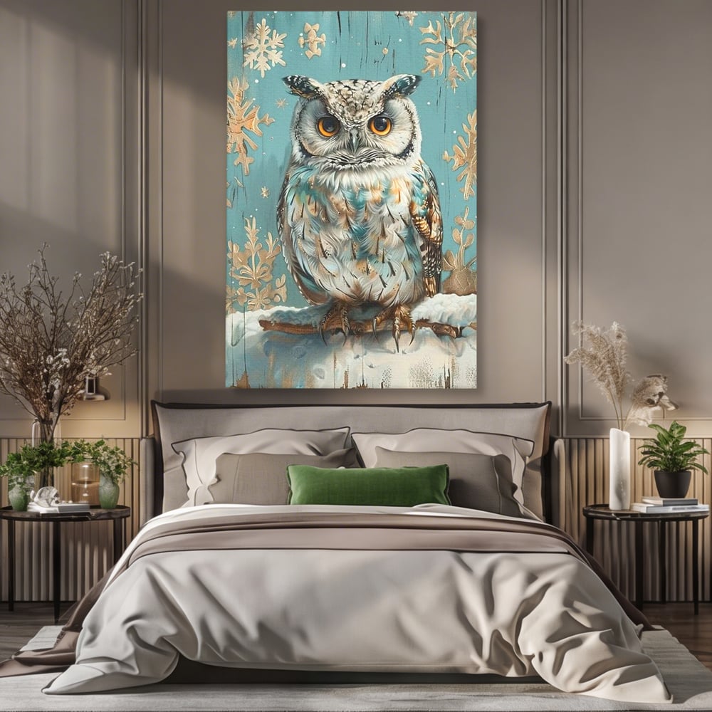 Tablou canvas cu tablou canvas cu bufnita pe ramura inzapezita, fara rama, pe sasiu de lemn, pe perete intr-un dormitor