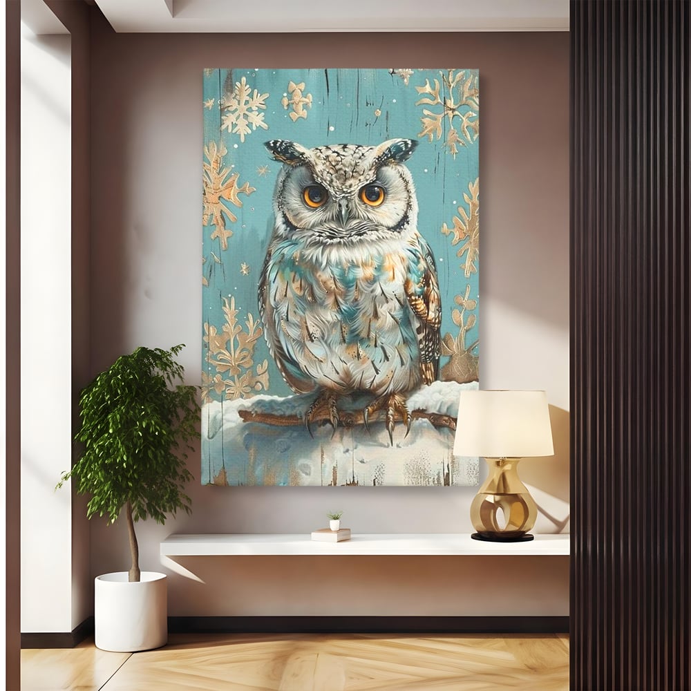 Tablou canvas cu tablou canvas cu bufnita pe ramura inzapezita, fara rama, pe sasiu de lemn