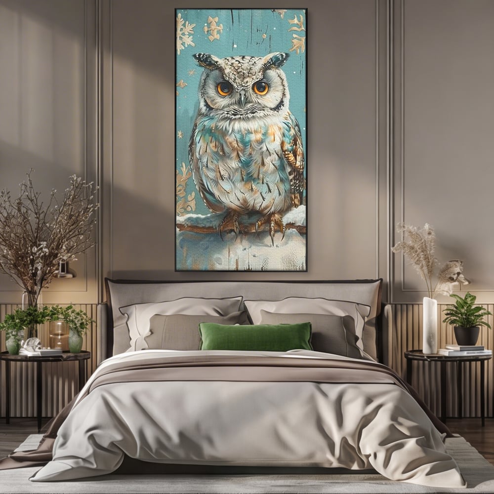Tablou canvas cu tablou canvas cu bufnita pe ramura inzapezita, in rama de aluminiu negru, pe perete intr-un dormitor