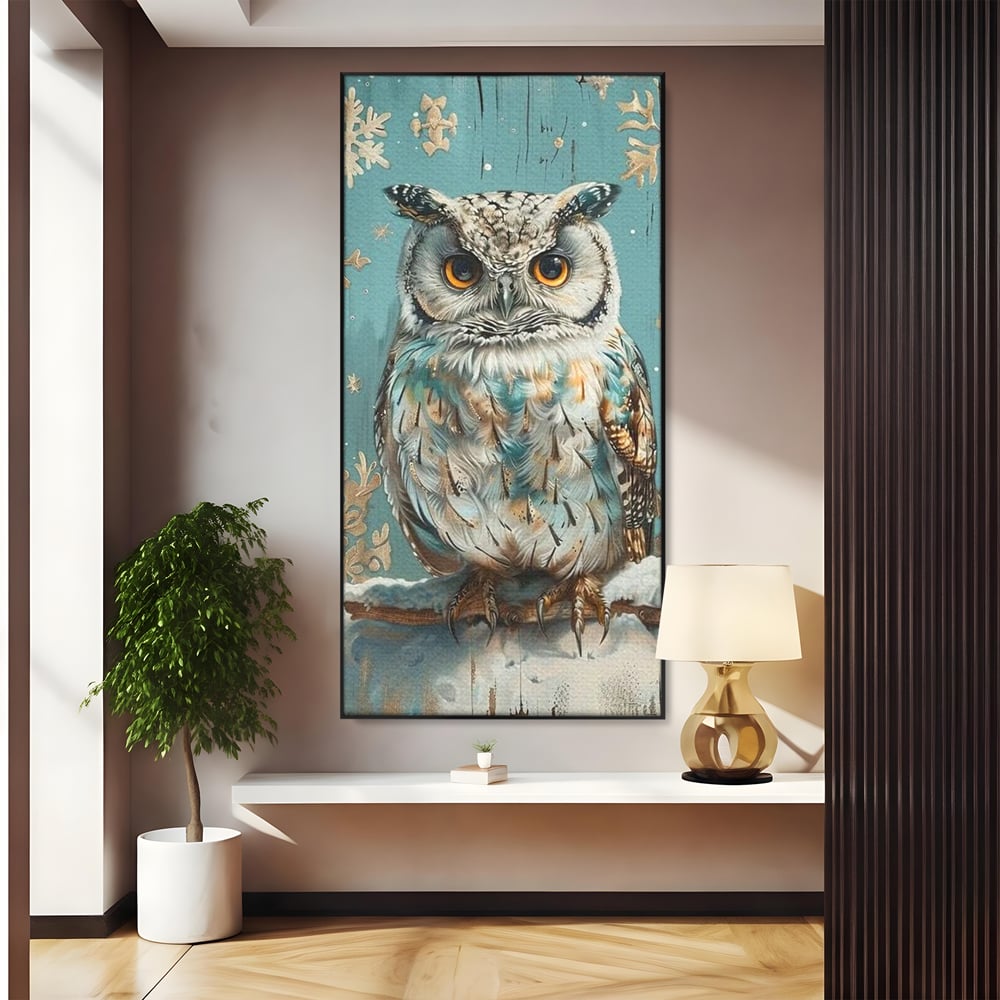 Tablou canvas cu tablou canvas cu bufnita pe ramura inzapezita, in rama de aluminiu negru
