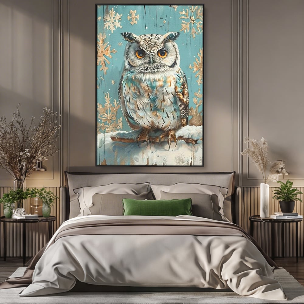 Tablou canvas cu tablou canvas cu bufnita pe ramura inzapezita, in rama de aluminiu negru, pe perete intr-un dormitor