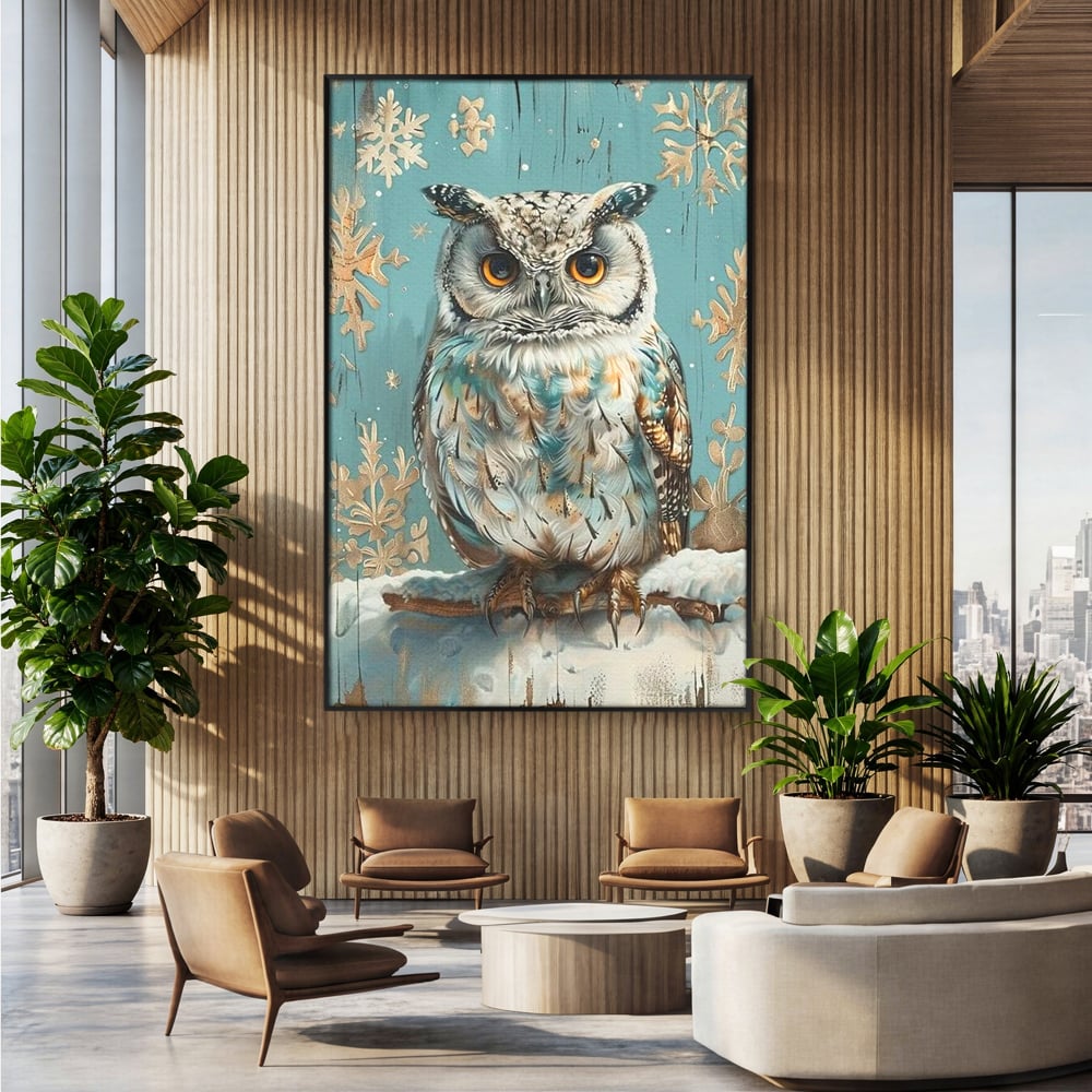 Tablou canvas cu tablou canvas cu bufnita pe ramura inzapezita, in rama de aluminiu negru, pe perete intr-un birou