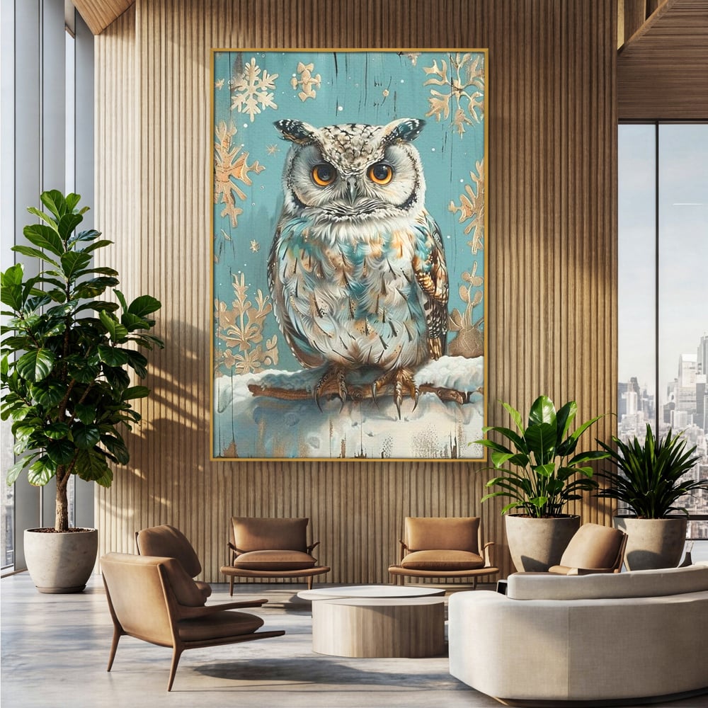 Tablou canvas cu tablou canvas cu bufnita pe ramura inzapezita, in rama de aluminiu auriu, pe perete intr-un birou