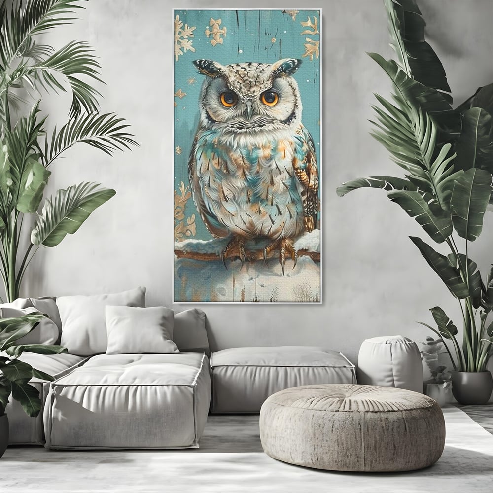 Tablou canvas cu tablou canvas cu bufnita pe ramura inzapezita, in rama de aluminiu argintiu, pe perete intr-un living