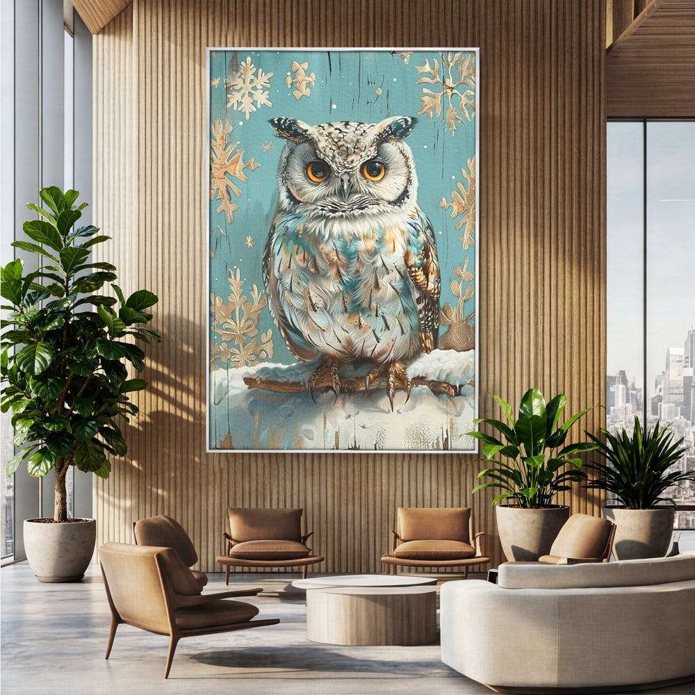 Tablou canvas cu tablou canvas cu bufnita pe ramura inzapezita, in rama de aluminiu argintiu, pe perete intr-un birou