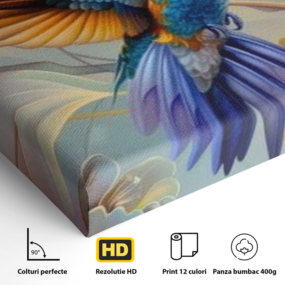 Detaliu al suprafetei: tablou canvas cu pasare colibri in zbor, fara rama, pe sasiu de lemn