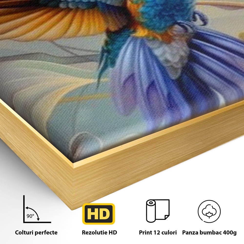 Detaliu al suprafetei: tablou canvas cu pasare colibri in zbor, in rama de aluminiu auriu