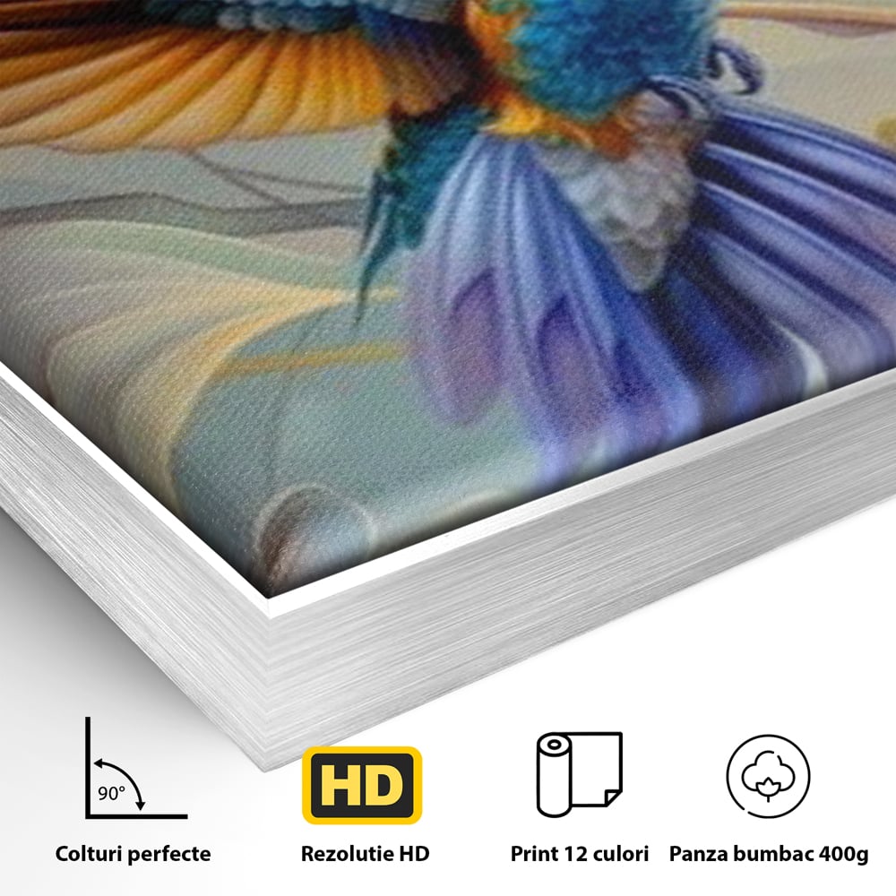 Detaliu al suprafetei: tablou canvas cu pasare colibri in zbor, in rama de aluminiu argintiu