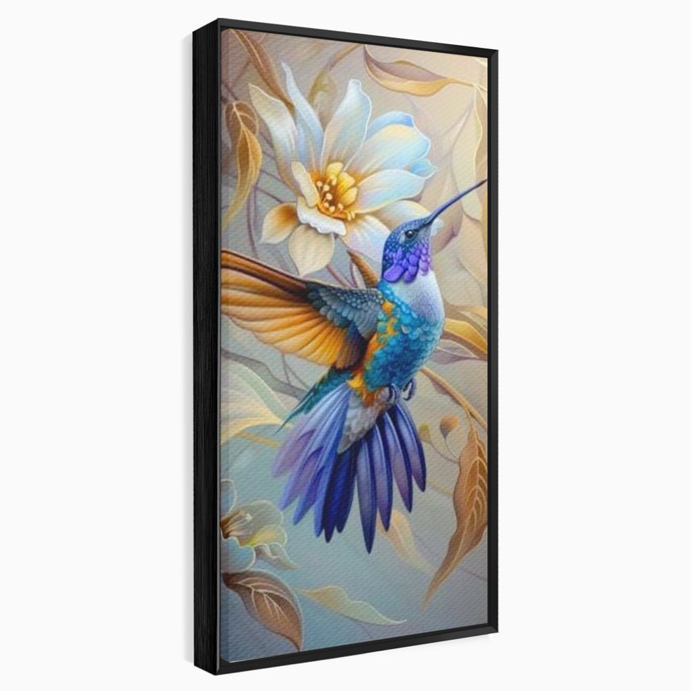 Tablou canvas cu tablou canvas cu pasare colibri in zbor, in rama de aluminiu negru
