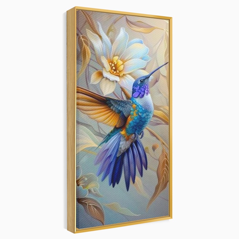 Tablou canvas cu tablou canvas cu pasare colibri in zbor, in rama de aluminiu auriu
