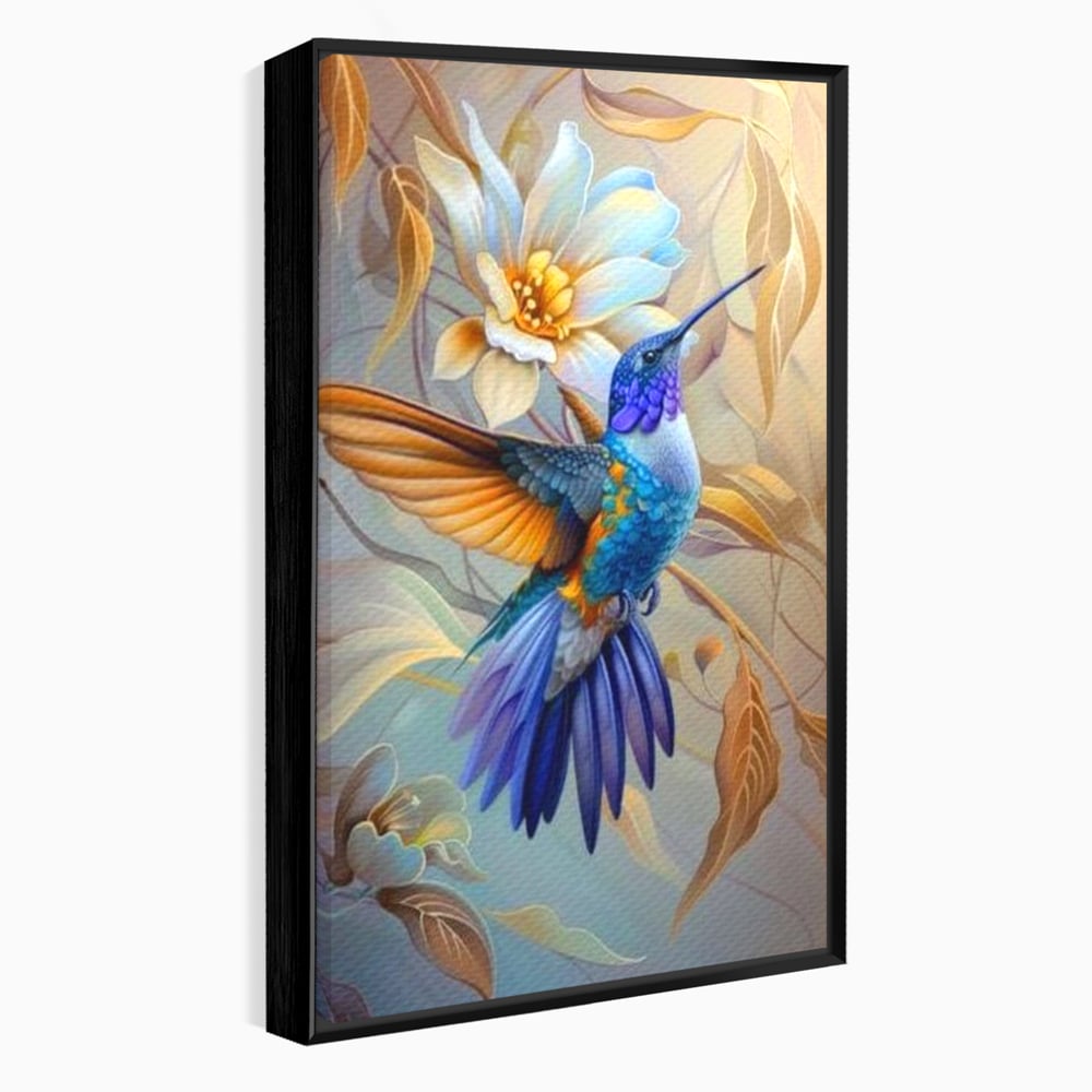 Tablou canvas cu tablou canvas cu pasare colibri in zbor, in rama de aluminiu negru