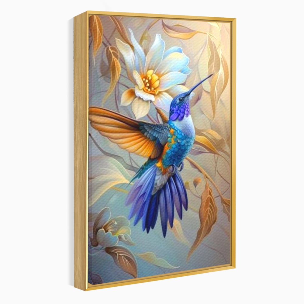 Tablou canvas cu tablou canvas cu pasare colibri in zbor, in rama de aluminiu auriu