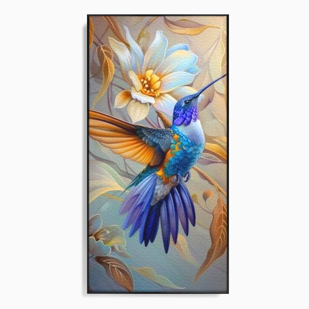 Tablou canvas cu tablou canvas cu pasare colibri in zbor, in rama de aluminiu negru