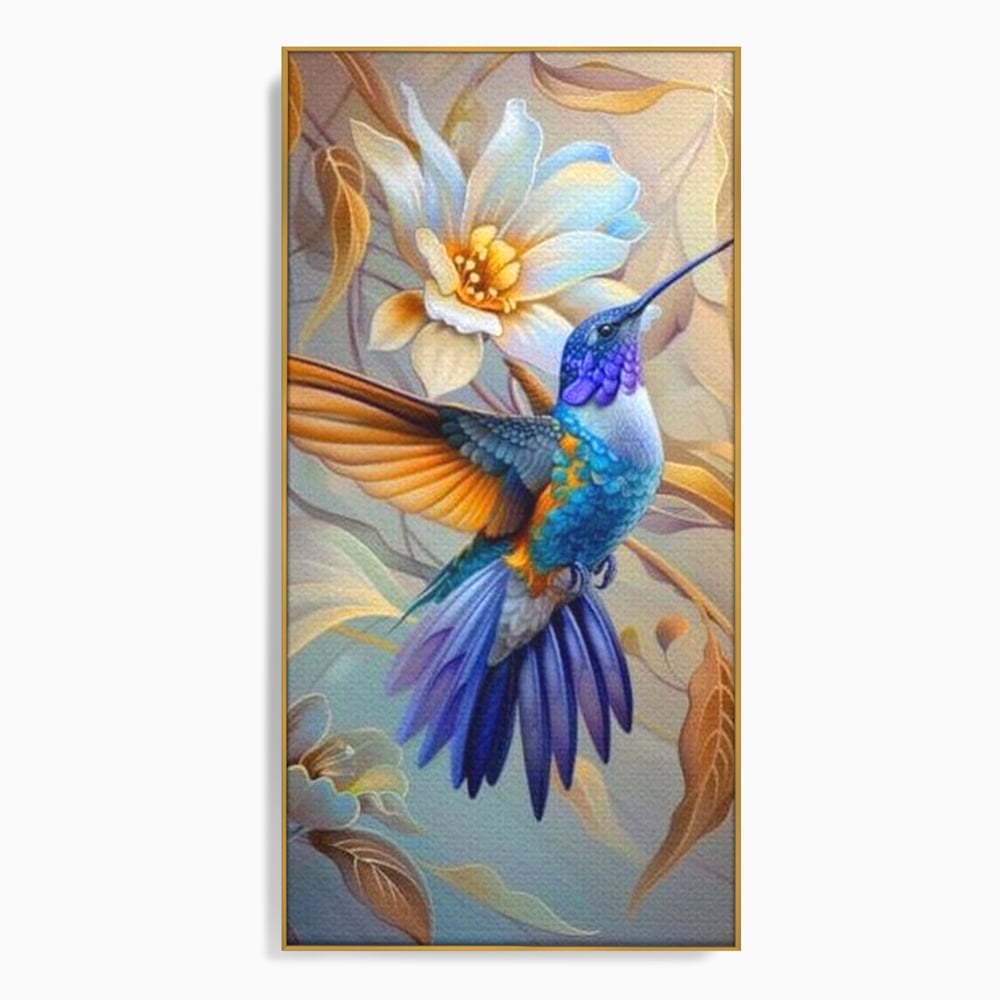 Tablou canvas cu tablou canvas cu pasare colibri in zbor, in rama de aluminiu auriu