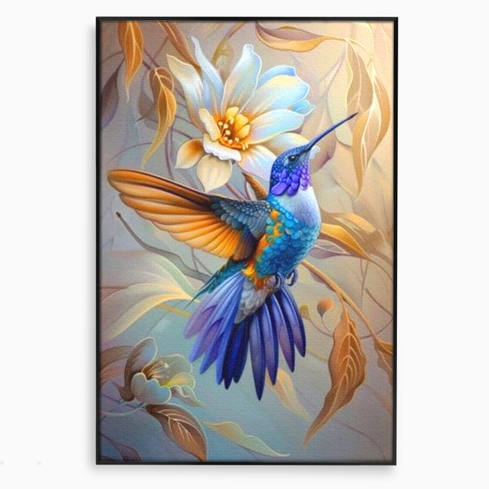 Tablou canvas cu tablou canvas cu pasare colibri in zbor, in rama de aluminiu negru