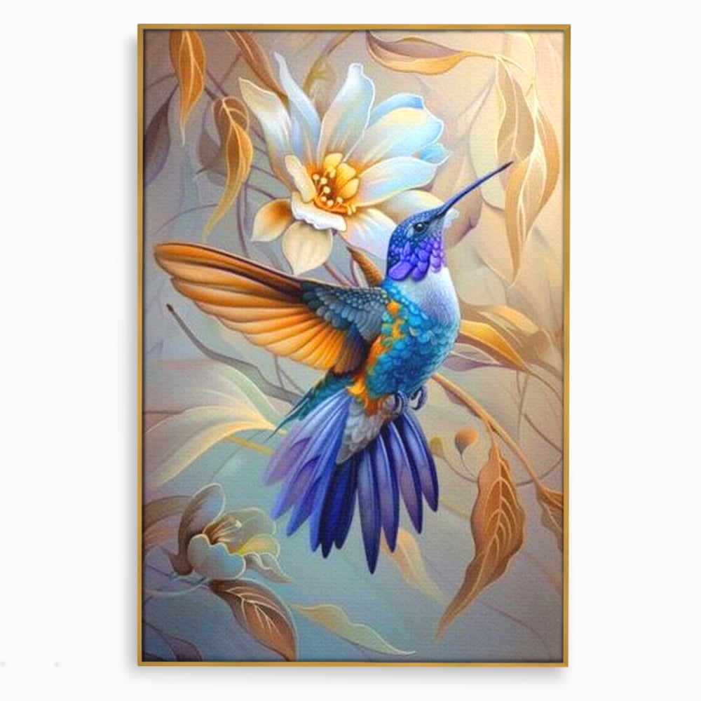 Tablou canvas cu tablou canvas cu pasare colibri in zbor, in rama de aluminiu auriu