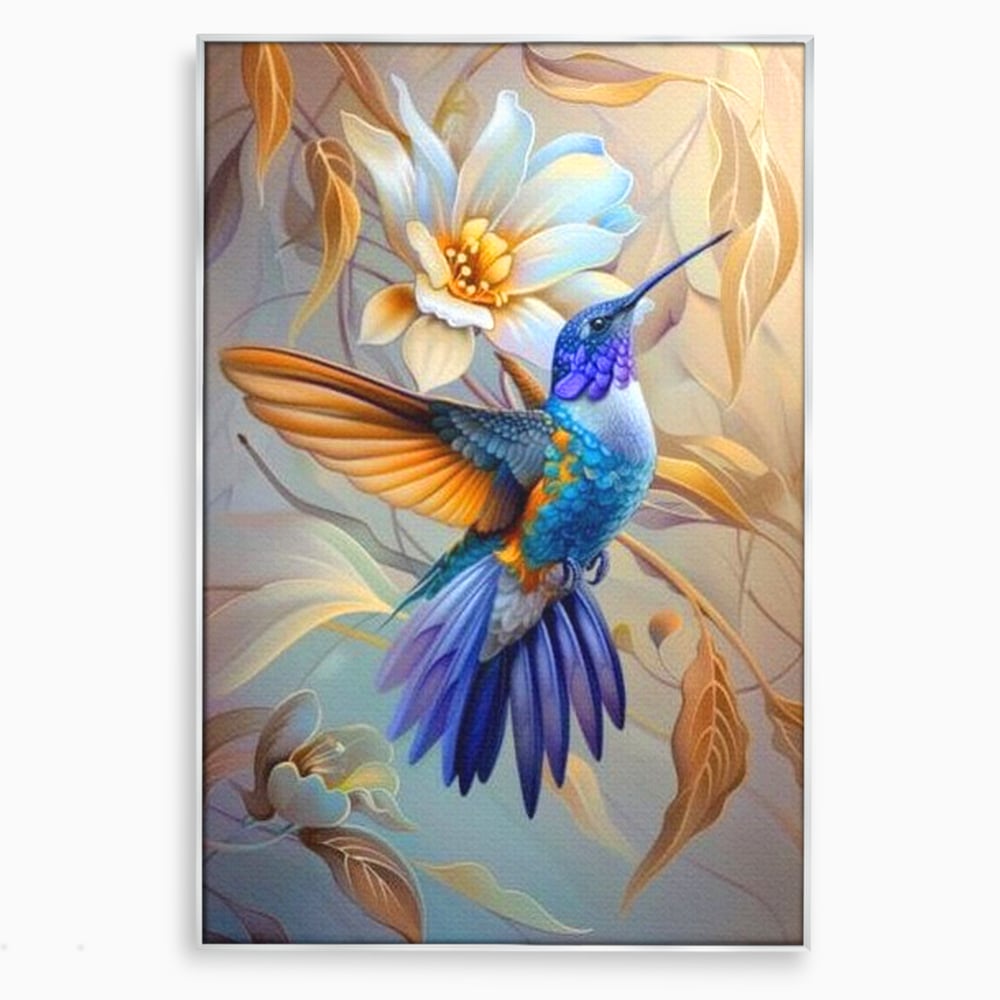 Tablou canvas cu tablou canvas cu pasare colibri in zbor, in rama de aluminiu argintiu