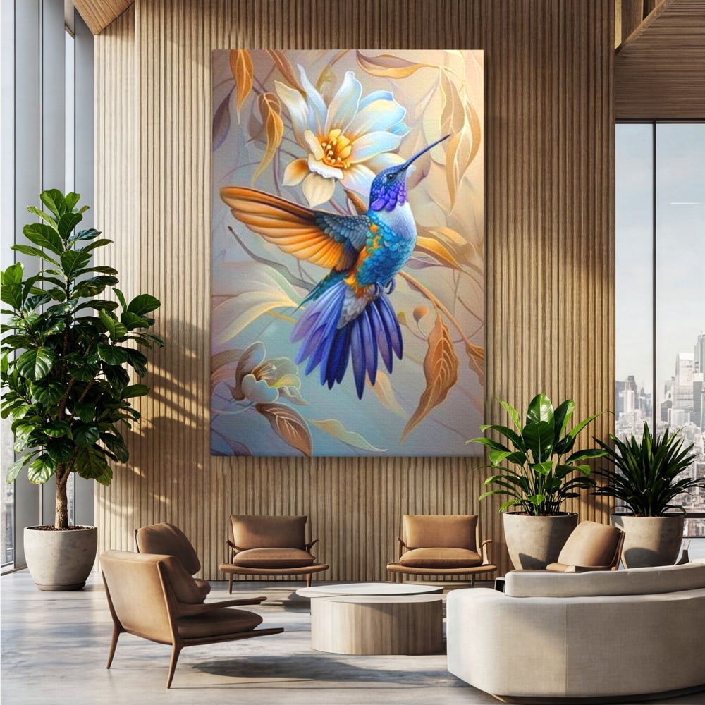 Tablou canvas cu tablou canvas cu pasare colibri in zbor, fara rama, pe sasiu de lemn, pe perete intr-un birou