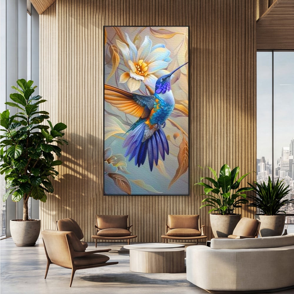 Tablou canvas cu tablou canvas cu pasare colibri in zbor, in rama de aluminiu negru, pe perete intr-un birou