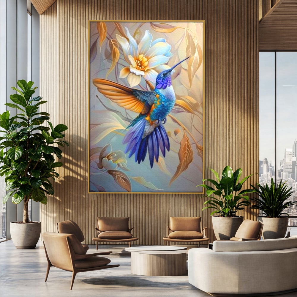 Tablou canvas cu tablou canvas cu pasare colibri in zbor, in rama de aluminiu auriu, pe perete intr-un birou