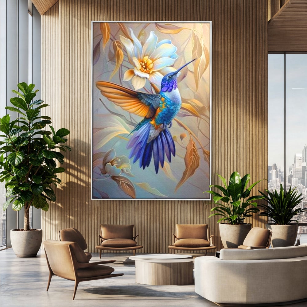 Tablou canvas cu tablou canvas cu pasare colibri in zbor, in rama de aluminiu argintiu, pe perete intr-un birou