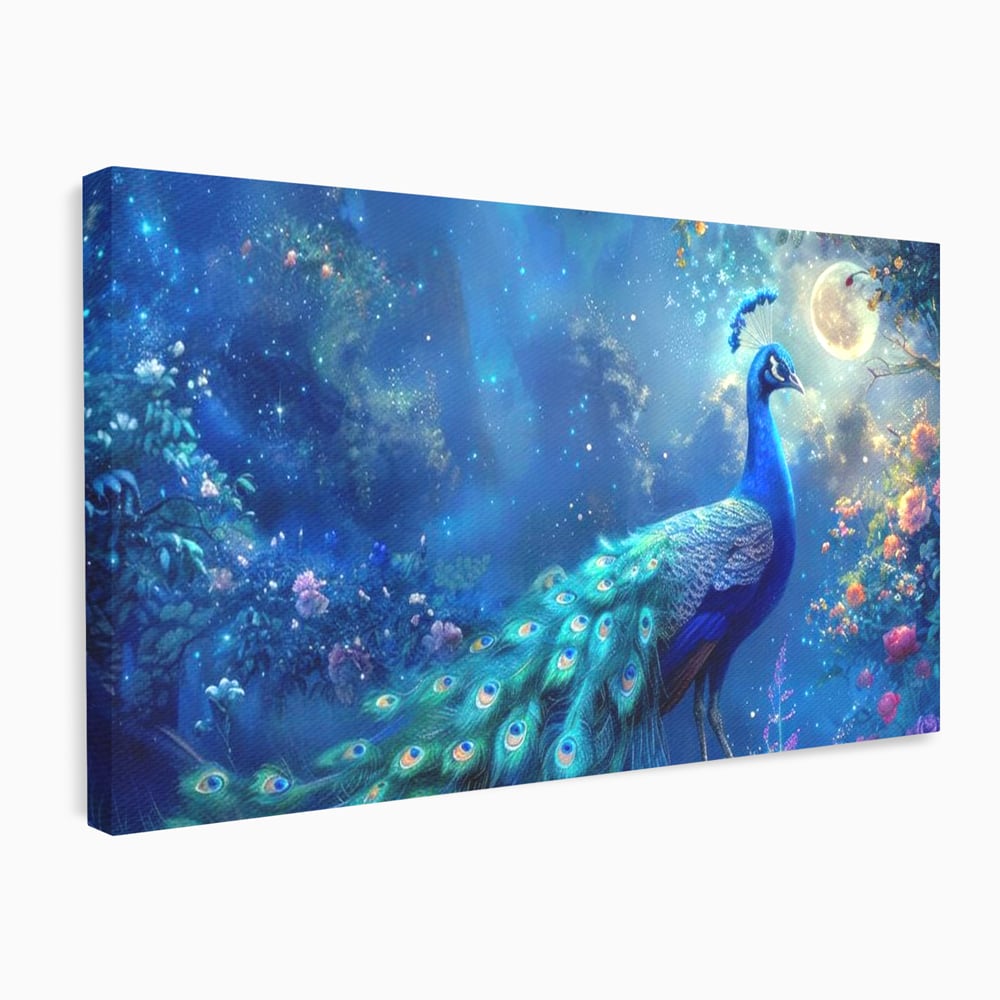 Tablou canvas cu tablou canvas cu paun albastru noaptea, fara rama, pe sasiu de lemn