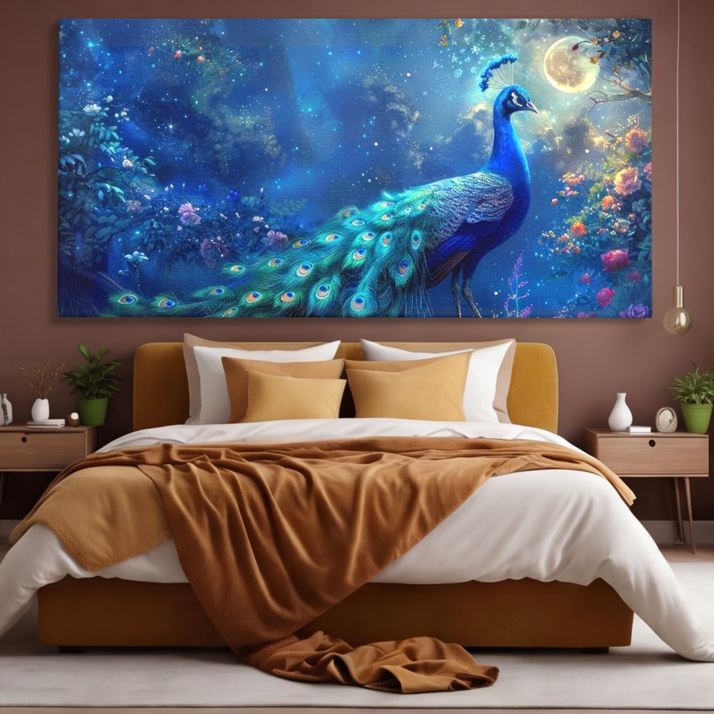 Tablou canvas cu tablou canvas cu paun albastru noaptea, fara rama, pe sasiu de lemn, pe perete intr-un dormitor