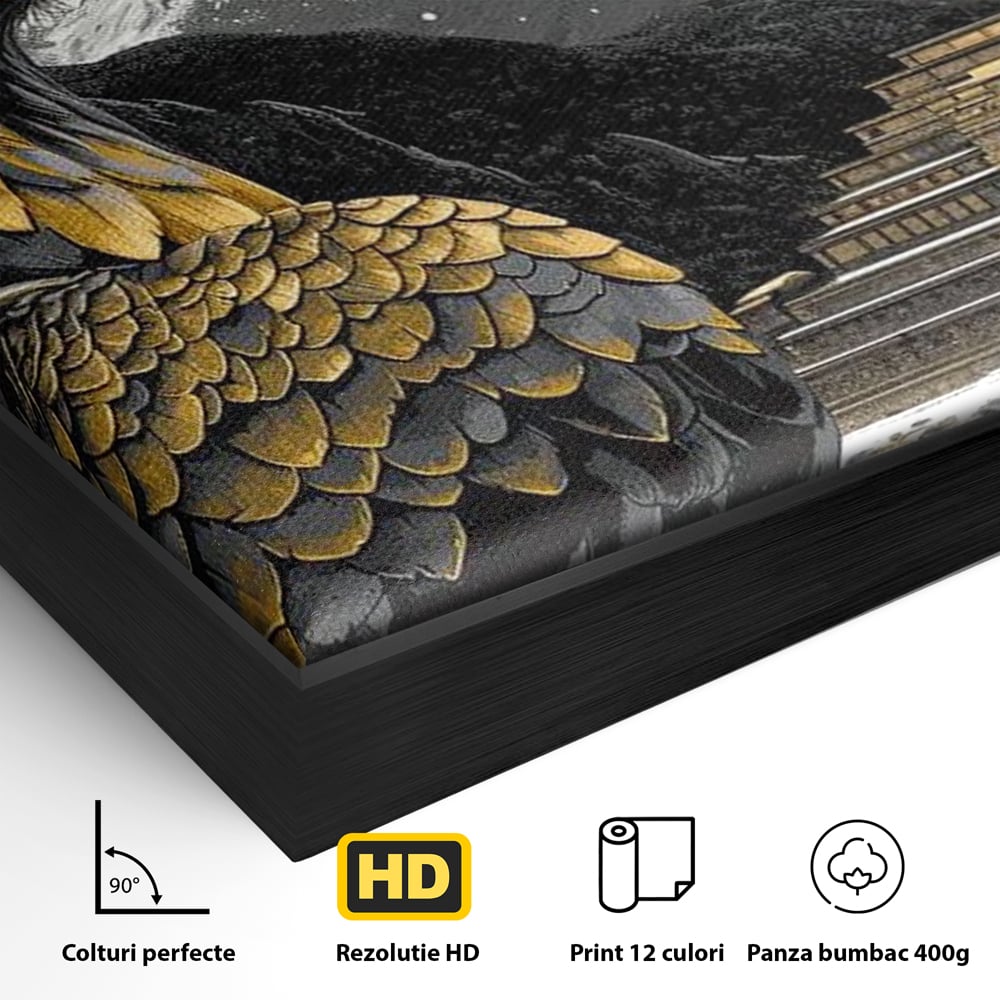 Detaliu al suprafetei: tablou canvas cu vultur si templu aztec, in rama de aluminiu negru