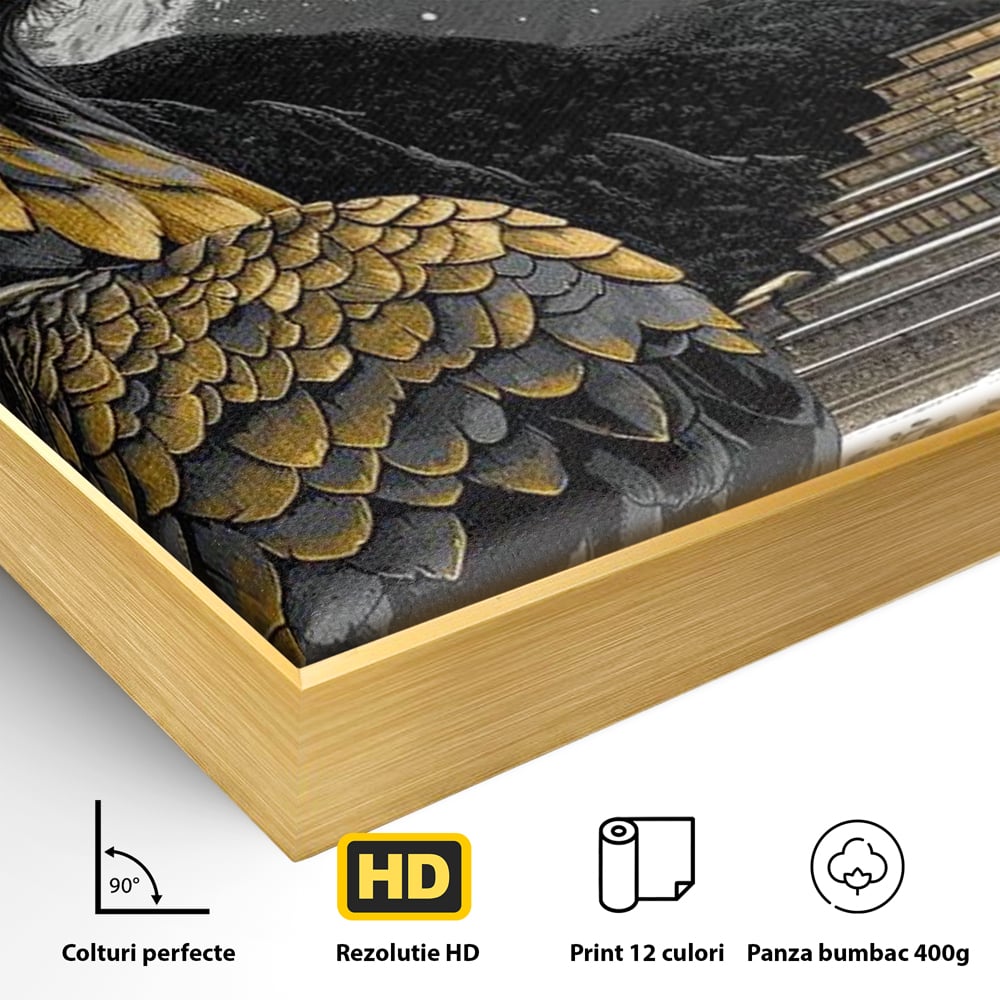 Detaliu al suprafetei: tablou canvas cu vultur si templu aztec, in rama de aluminiu auriu
