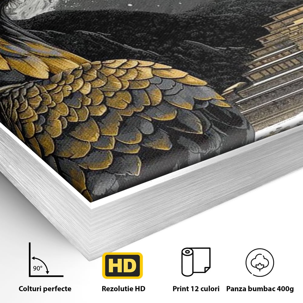 Detaliu al suprafetei: tablou canvas cu vultur si templu aztec, in rama de aluminiu argintiu