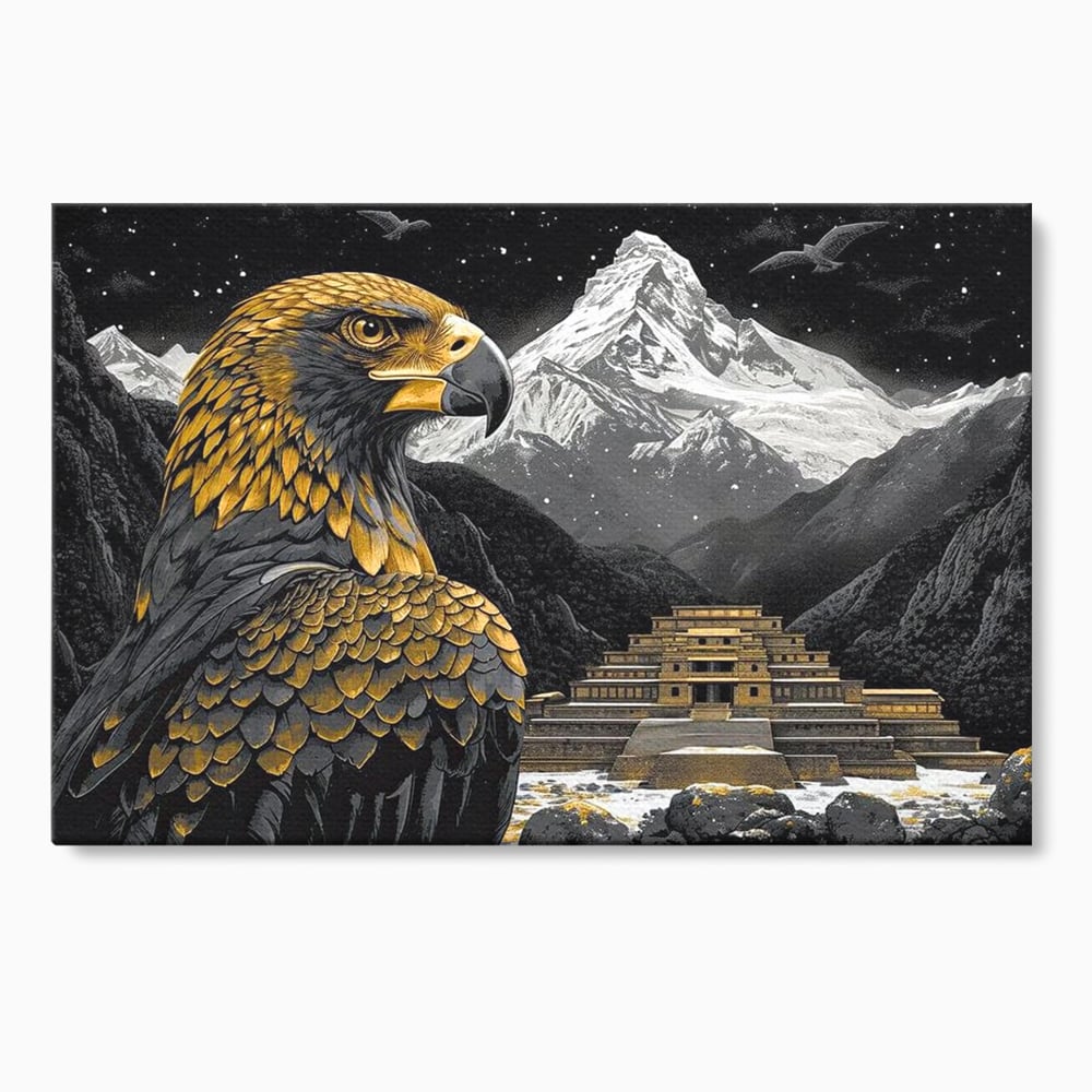 Tablou canvas cu tablou canvas cu vultur si templu aztec, fara rama, pe sasiu de lemn