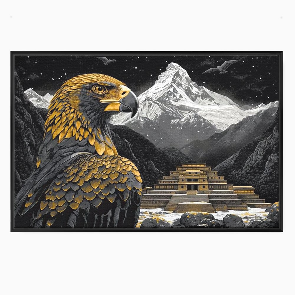 Tablou canvas cu tablou canvas cu vultur si templu aztec, in rama de aluminiu negru