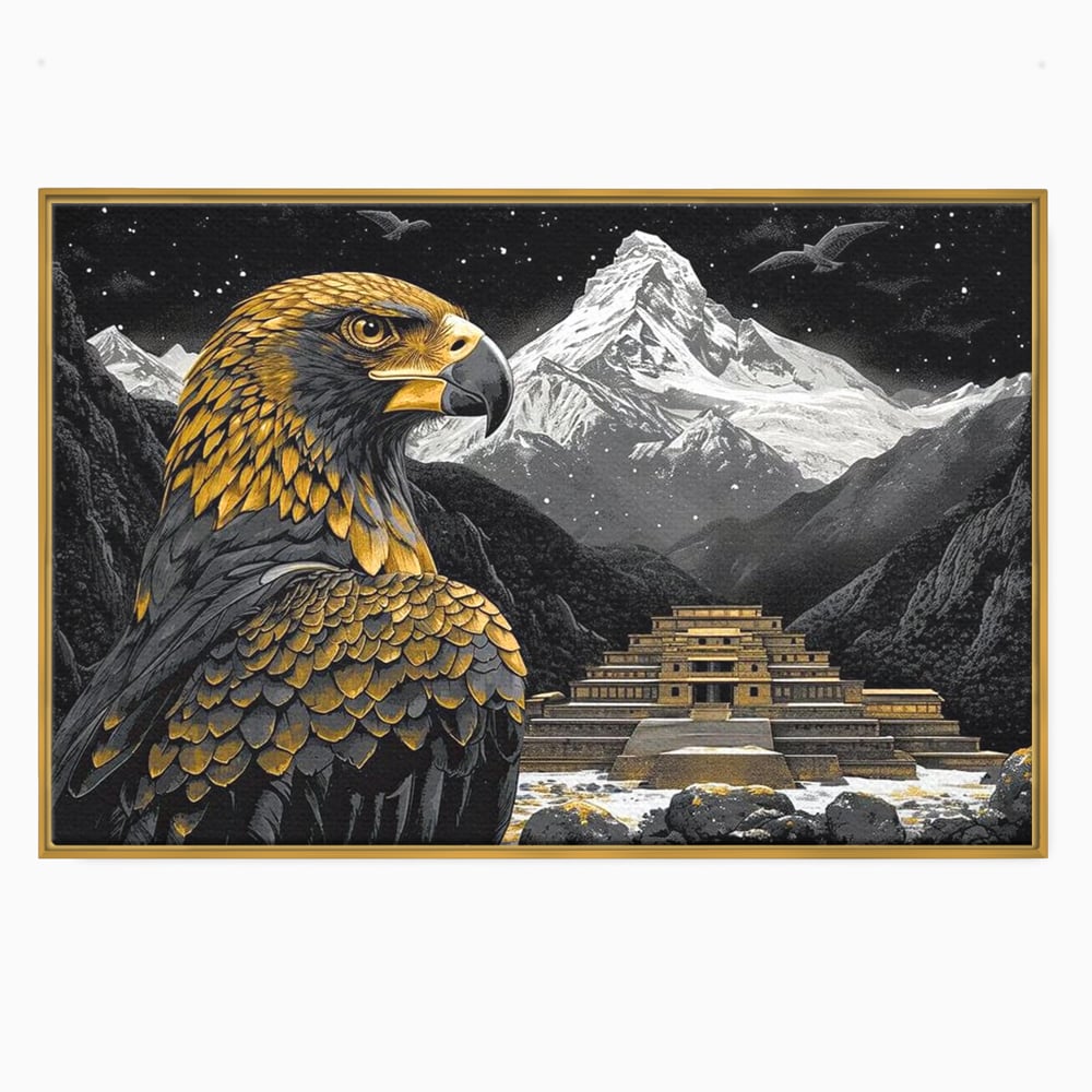 Tablou canvas cu tablou canvas cu vultur si templu aztec, in rama de aluminiu auriu