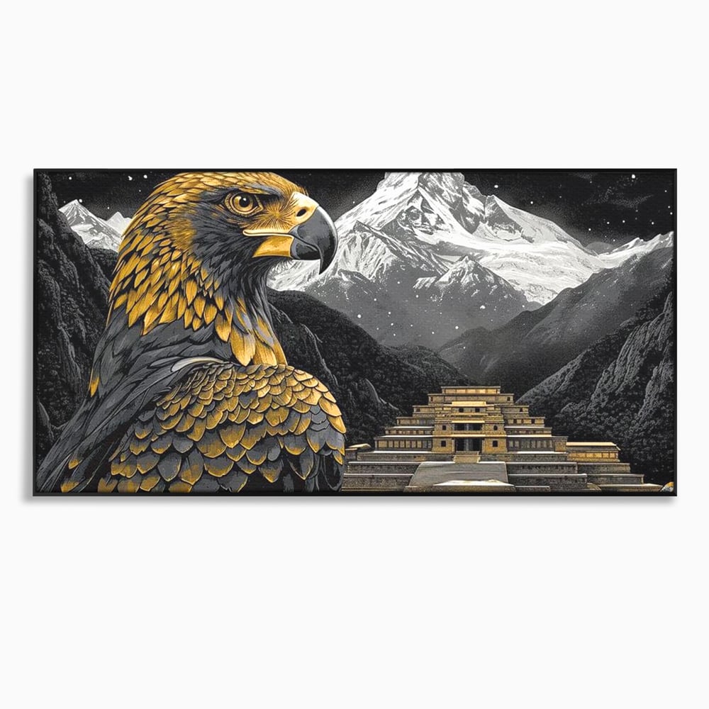Tablou canvas cu tablou canvas cu vultur si templu aztec, in rama de aluminiu negru