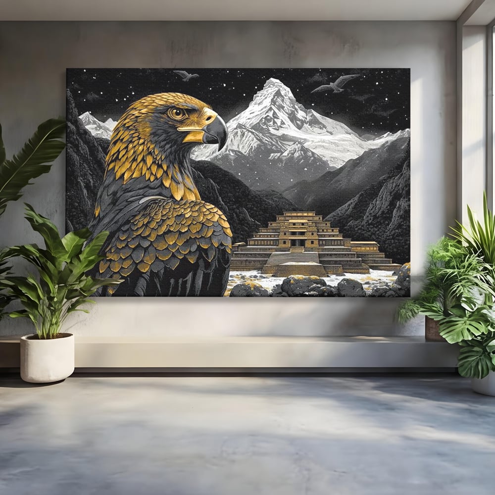 Tablou canvas cu tablou canvas cu vultur si templu aztec, fara rama, pe sasiu de lemn