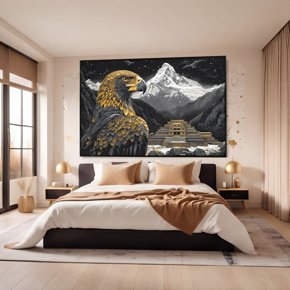Tablou canvas cu tablou canvas cu vultur si templu aztec, in rama de aluminiu negru, pe perete intr-un dormitor