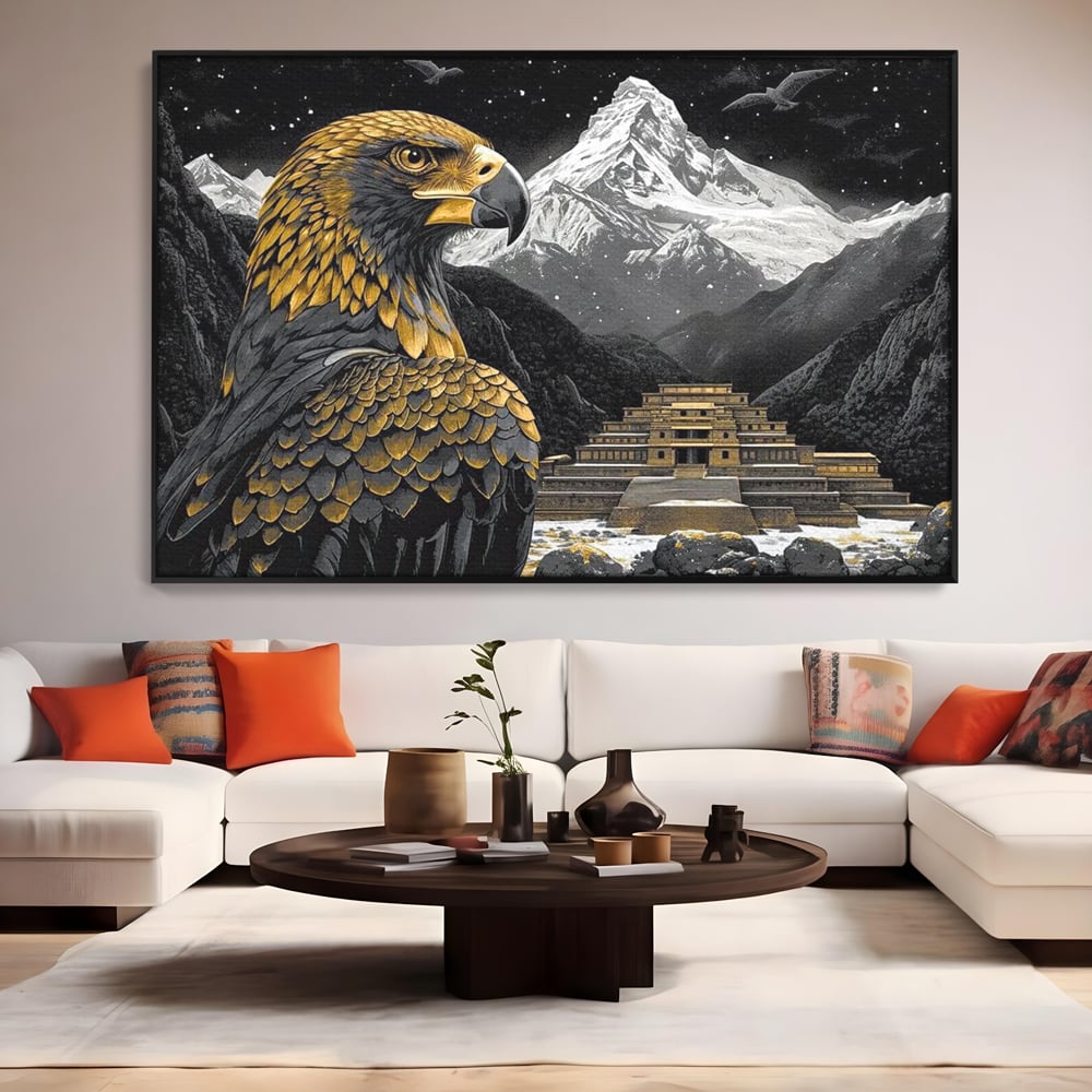 Tablou canvas cu tablou canvas cu vultur si templu aztec, in rama de aluminiu negru, pe perete intr-un living