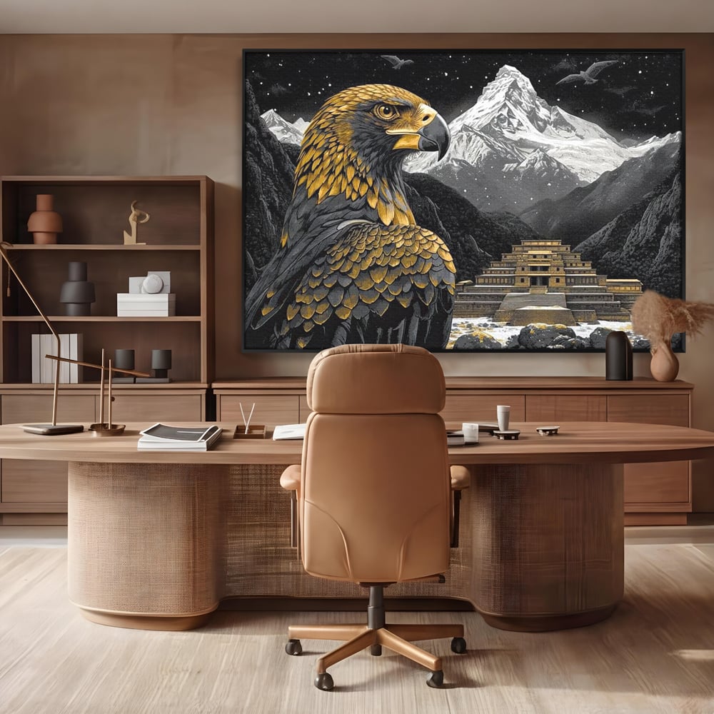 Tablou canvas cu tablou canvas cu vultur si templu aztec, in rama de aluminiu negru, pe perete intr-un birou