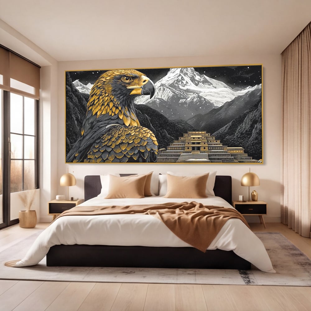 Tablou canvas cu tablou canvas cu vultur si templu aztec, in rama de aluminiu auriu, pe perete intr-un dormitor
