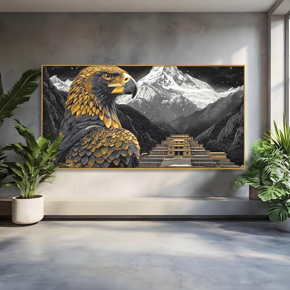 Tablou canvas cu tablou canvas cu vultur si templu aztec, in rama de aluminiu auriu