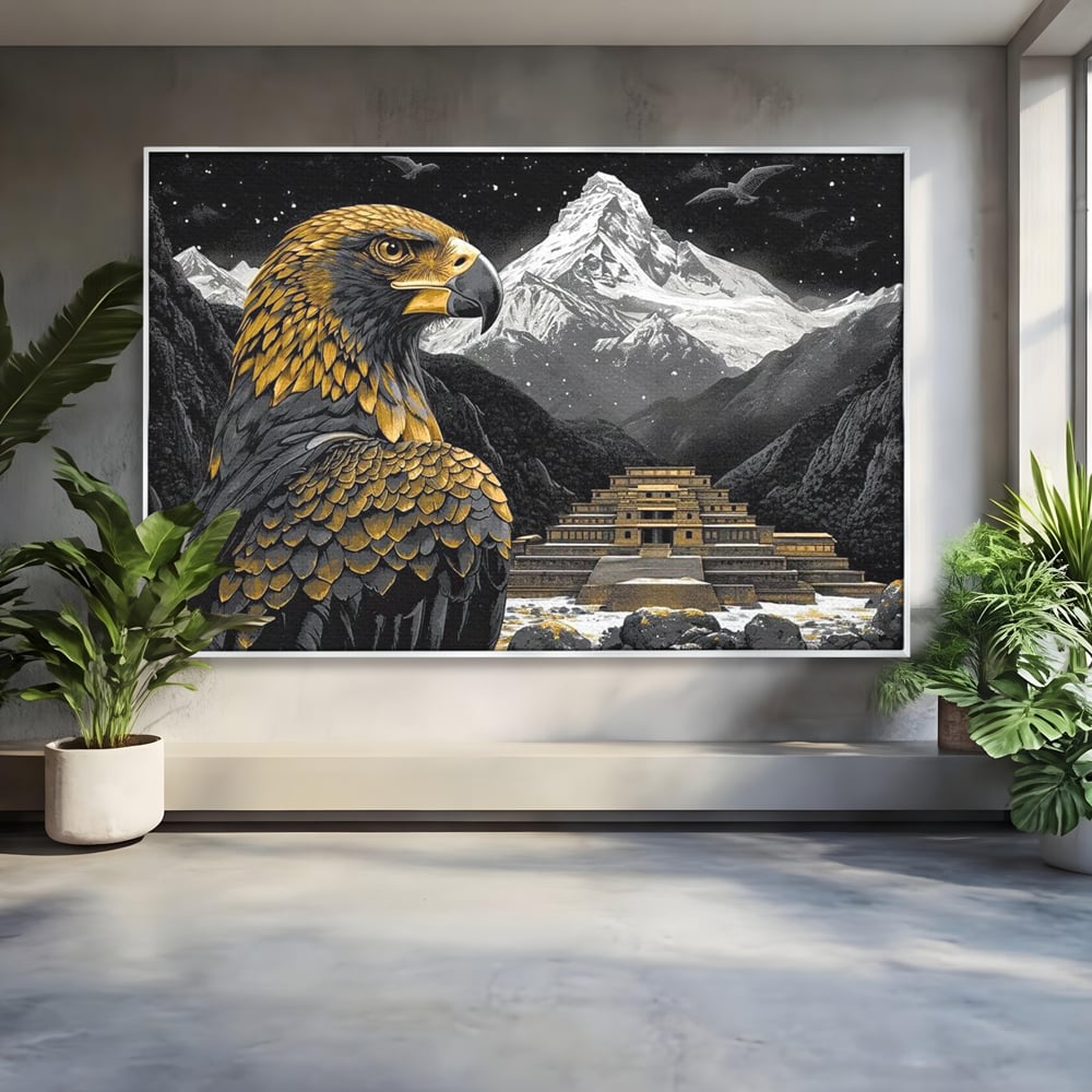 Tablou canvas cu tablou canvas cu vultur si templu aztec, in rama de aluminiu argintiu
