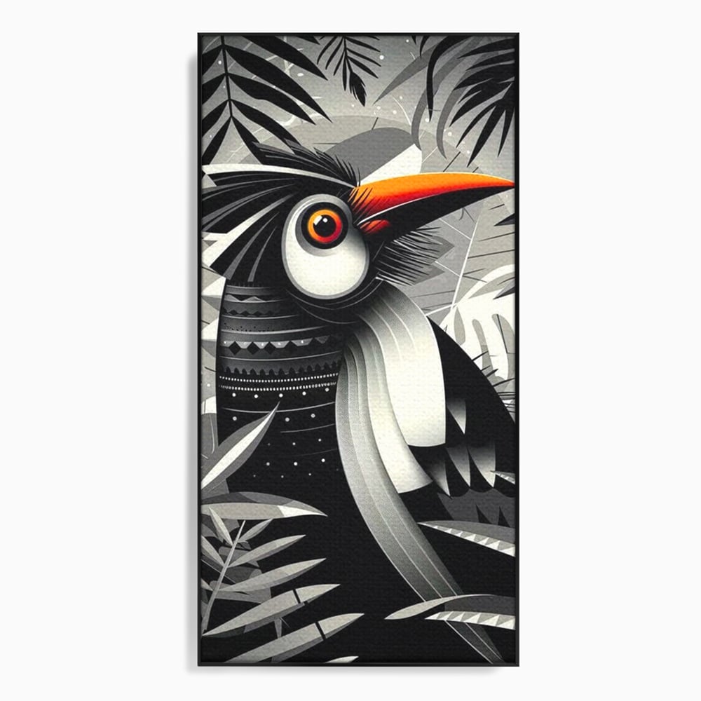 Tablou canvas cu tablou canvas cu pasare exotica in jungla, in rama de aluminiu negru